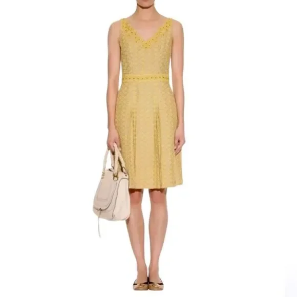 Tory Burch | Dresses | Tory Burch Leena Beaded Embroidered Cottonlinen  Blend Yellow Dress Sz 6 | Poshmark